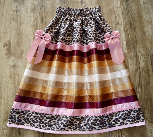 Couture Stacked Ribbon Skirt Pockets Detachable Bows Womens Cheetah Print Pink Gold Ombre RicRac Premium Cotton OOAK Indigenous HandMade *up to 50 inches* (enter desired sizes waist size “inches” or Dress/Pants size in order notes)