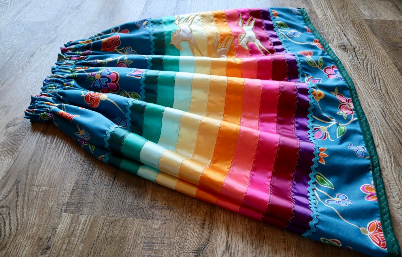 Couture Embroidered Stacked Pony Ribbon Skirt Pockets Womens Indigenous Blue Floral Cotton Fire Water Ombre OOAK Indigenous HandMade *up to 50 inches* (enter desired sizes waist size “inches” or Dress/Pants size in order notes)