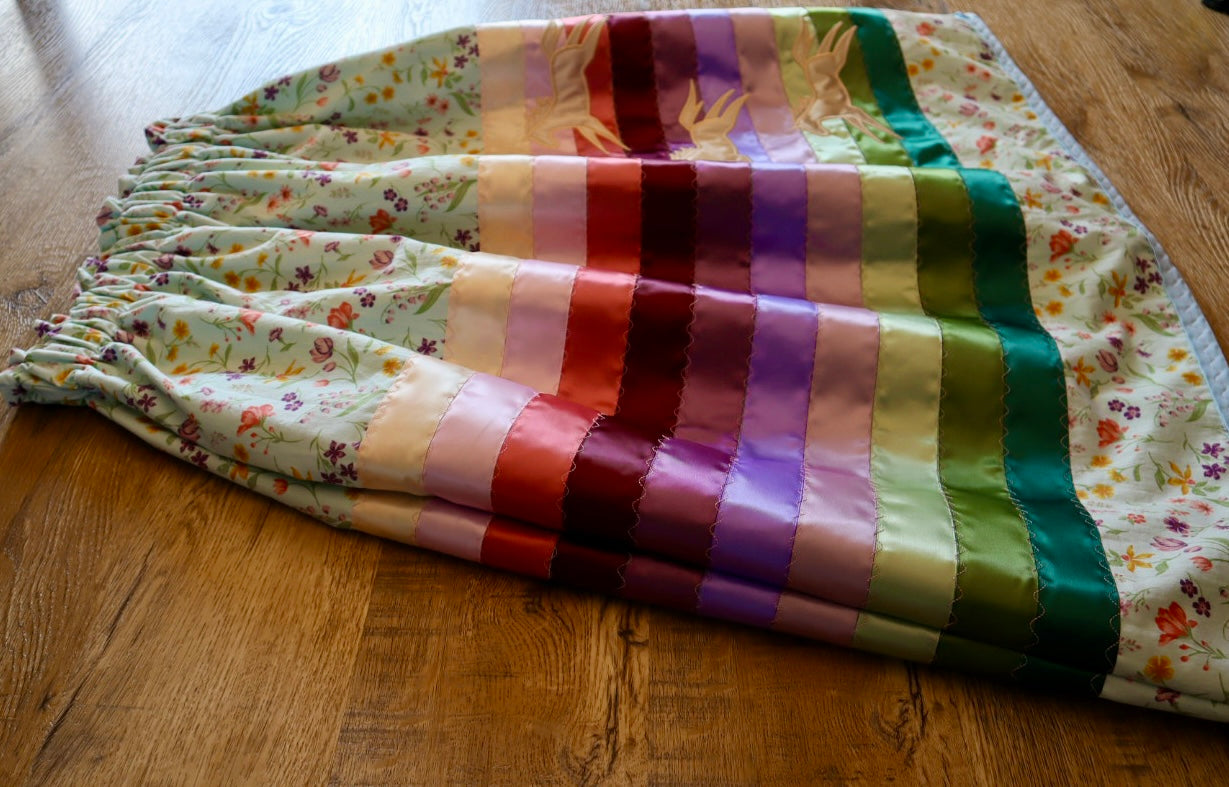 Couture Embroidered Stacked Pony Ribbon Skirt Pockets Womens Floral Cotton Jewel Tone Ombre OOAK Indigenous HandMade *up to 50 inches* (enter desired sizes waist size “inches” or Dress/Pants size in order notes)