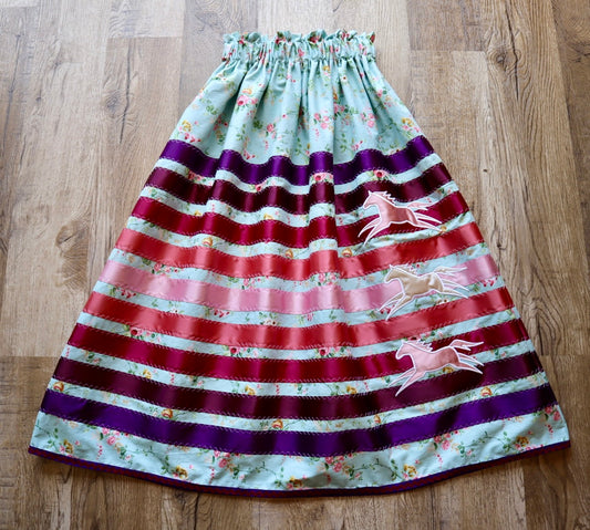 Couture Embroidered Pony Ribbon Skirt Pockets Womens Light Teal Floral Premium Cotton Plum Ombre OOAK Indigenous HandMade *up to 50 inches* (enter desired sizes waist size “inches” or Dress/Pants size in order notes)