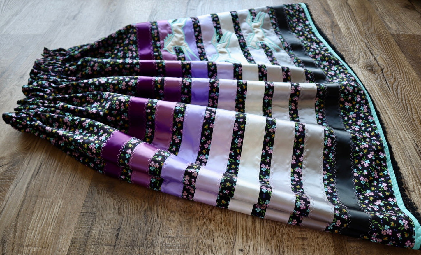 Couture Embroidered Pony Ribbon Skirt Pockets Womens Black Floral Premium Cotton Silver Plum Tones OOAK Indigenous HandMade *up to 50 inches* (enter desired sizes waist size “inches” or Dress/Pants size in order notes)