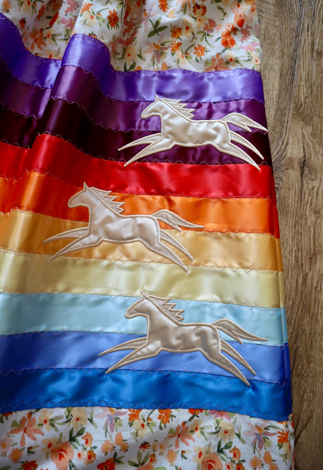 Couture Embroidered Stacked Pony Ribbon Skirt Pockets Womens Floral Cotton Rainbow Ombre OOAK Indigenous HandMade *up to 50 inches* (enter desired sizes waist size “inches” or Dress/Pants size in order notes)