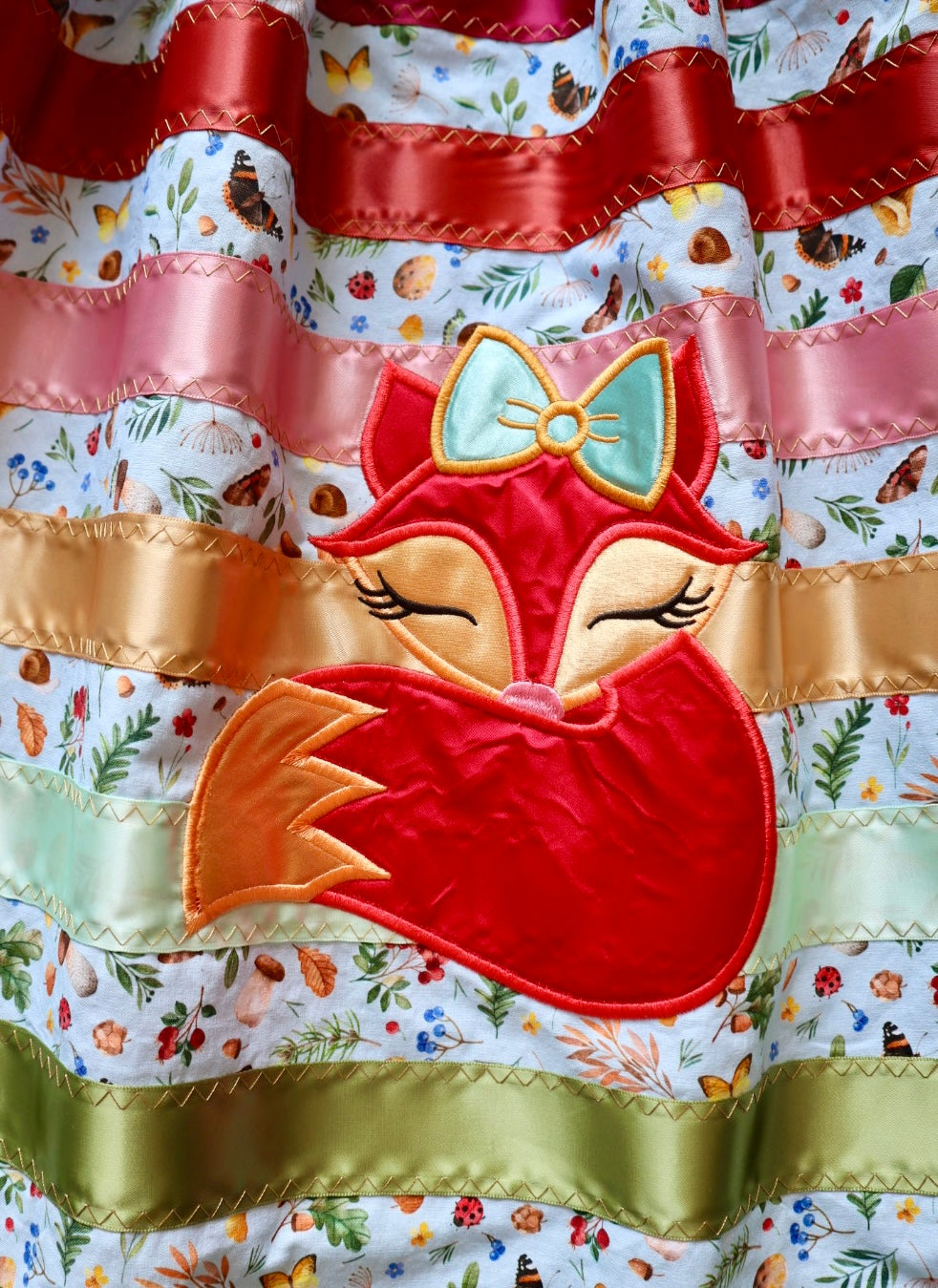 Couture Appliqué Ribbon Skirt Red Fox Pockets Womens Woods Floral Sky Blue Print Premium Cotton OOAK Indigenous HandMade Clothing CustomWaist *up to 50 inches* (enter desired waist size “inches” or Dress/Pants size in order notes)