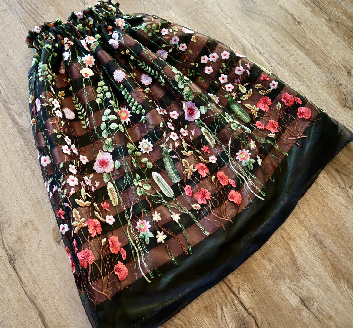 Couture Overlay Ribbon Skirt Women’s Black Embroidered Floral Lace Olive Green Satin Indigenous HandMade Clothing Custom Waist *up to 50 inches* (enter desired waist size “inches” or Dress/Pants size in order notes)