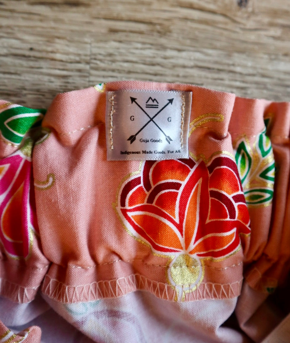 Handmade Ceremony, Casual Ribbon Skirt: Blue Purple Tones, Pink Indigenous Floral Print, Custom Waist *up to 50 inches* (enter desired sizes waist size “inches” or Dress/Pants size in order notes)