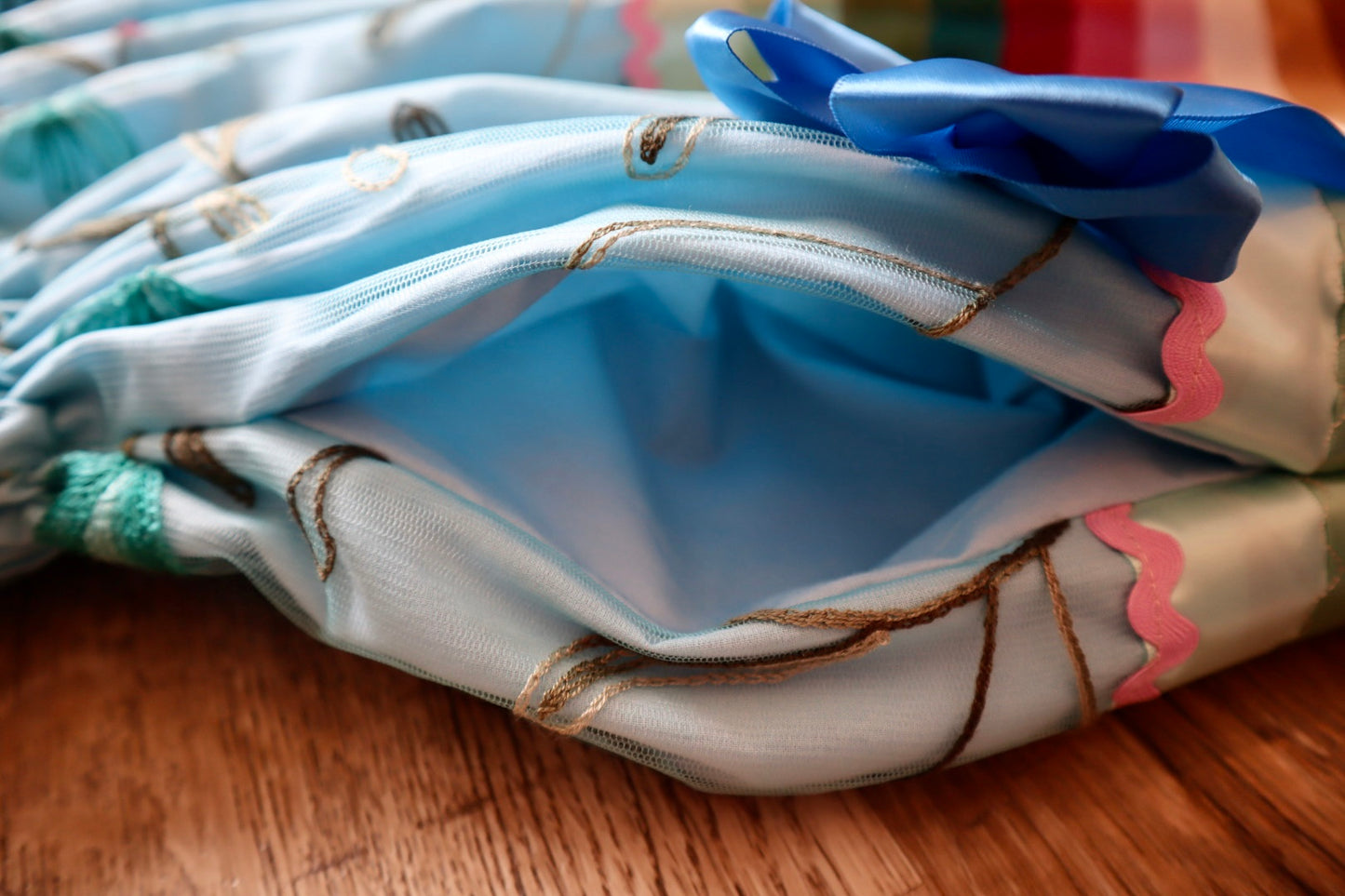 Couture Stacked Ribbon Skirt Pockets Womens Blue and Lace Earth Tone Ombre RicRac Premium Cotton Detachable Bows OOAK Indigenous HandMade *up to 50 inches* (enter desired sizes waist size “inches” or Dress/Pants size in order notes) (Copy 2)