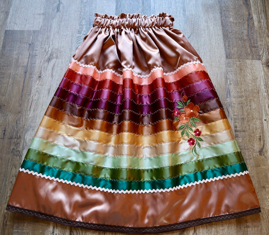 Couture Embroidered Floral Stacked Ribbon Skirt Pockets Womens Copper Satin Earth Tones Ombre OOAK Indigenous HandMade *up to 50 inches* (enter desired sizes waist size “inches” or Dress/Pants size in order notes)
