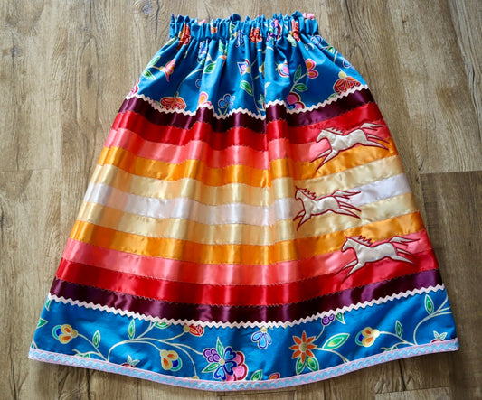 Couture Embroidered Stacked Pony Ribbon Skirt Pockets Womens Floral Cotton Purple Blue Ombre OOAK Indigenous HandMade *up to 50 inches* (enter desired sizes waist size “inches” or Dress/Pants size in order notes)