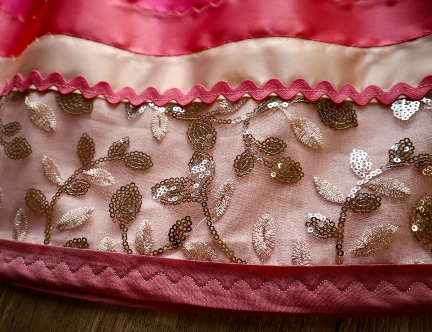 Couture Stacked Ribbon Skirt Pockets Womens Sequin Floral Lace Turquoise Pink Tone Ombre RicRac Cotton OOAK Indigenous HandMade *up to 50 inches* (enter desired sizes waist size “inches” or Dress/Pants size in order notes)