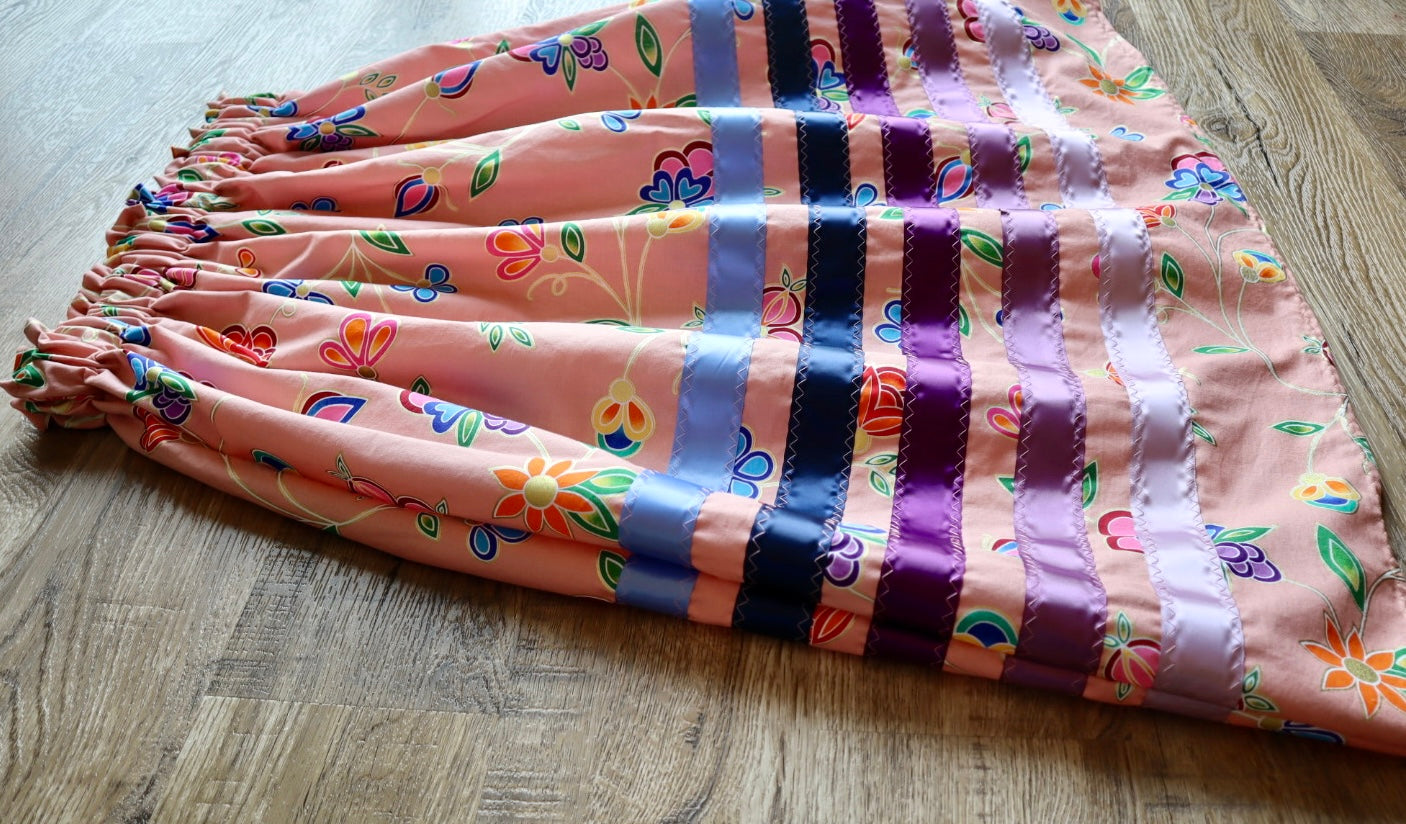 Handmade Ceremony, Casual Ribbon Skirt: Jewel Tones, Pink Floral Print, Custom Waist *up to 50 inches* (enter desired sizes waist size “inches” or Dress/Pants size in order notes)