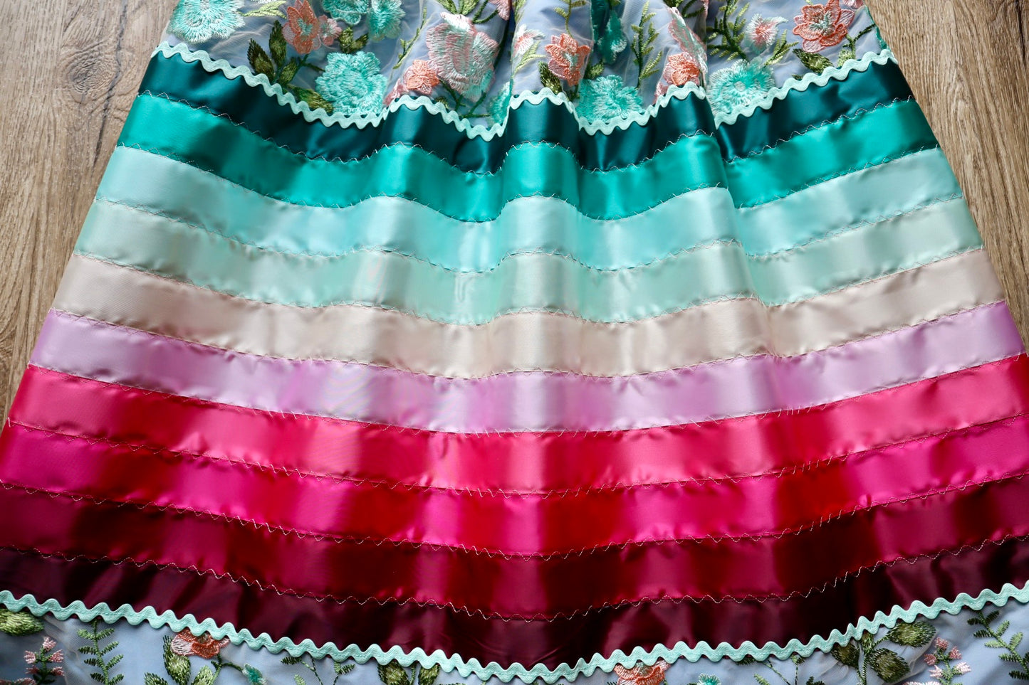 Couture Stacked Ribbon Skirt Pockets Womens Floral Lace Turquoise Pink Tone Ombre RicRac Cotton OOAK Indigenous HandMade *up to 50 inches* (enter desired sizes waist size “inches” or Dress/Pants size in order notes)