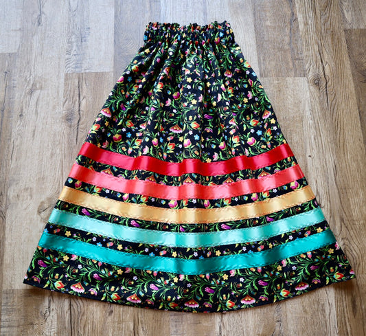 Handmade Ceremony, Casual Ribbon Skirt: Fire Water Tones, Black Indigenous Floral Print, Custom Waist *up to 50 inches* (enter desired sizes waist size “inches” or Dress/Pants size in order notes)