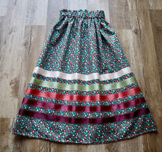 Handmade Ceremony, Casual Ribbon Skirt: Maroon to Ivory Ombre, Heart Berry Indigenous Floral Print, Custom Waist *up to 50 inches* (enter desired sizes waist size “inches” or Dress/Pants size in order notes)