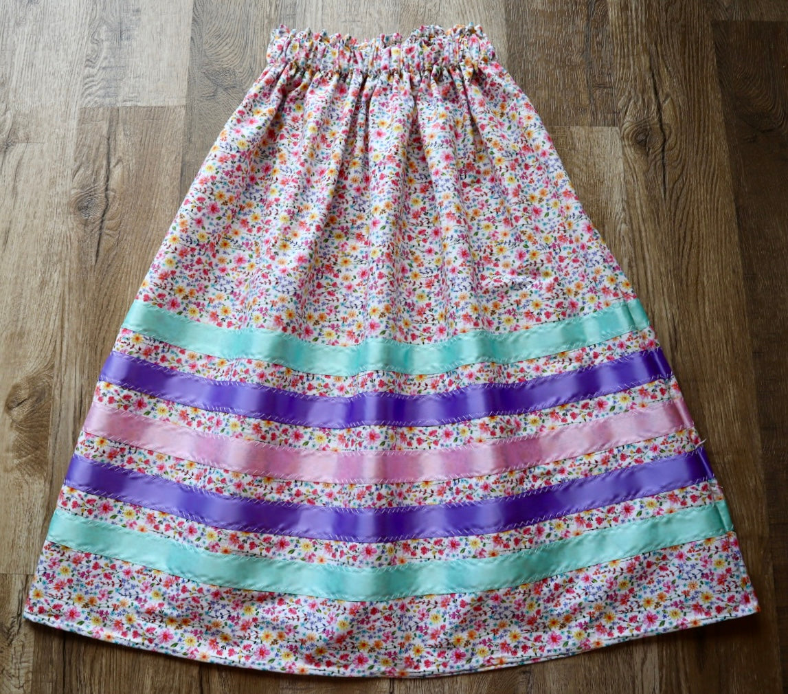 Handmade Ceremony, Casual Ribbon Skirt: Pastel Tones, Ivory and Pink Floral Print, Custom Waist *up to 50 inches* (enter desired sizes waist size “inches” or Dress/Pants size in order notes)