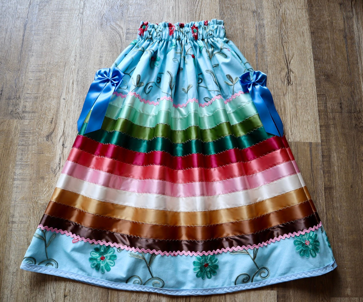 Couture Stacked Ribbon Skirt Pockets Womens Blue and Lace Earth Tone Ombre RicRac Premium Cotton Detachable Bows OOAK Indigenous HandMade *up to 50 inches* (enter desired sizes waist size “inches” or Dress/Pants size in order notes) (Copy 2)