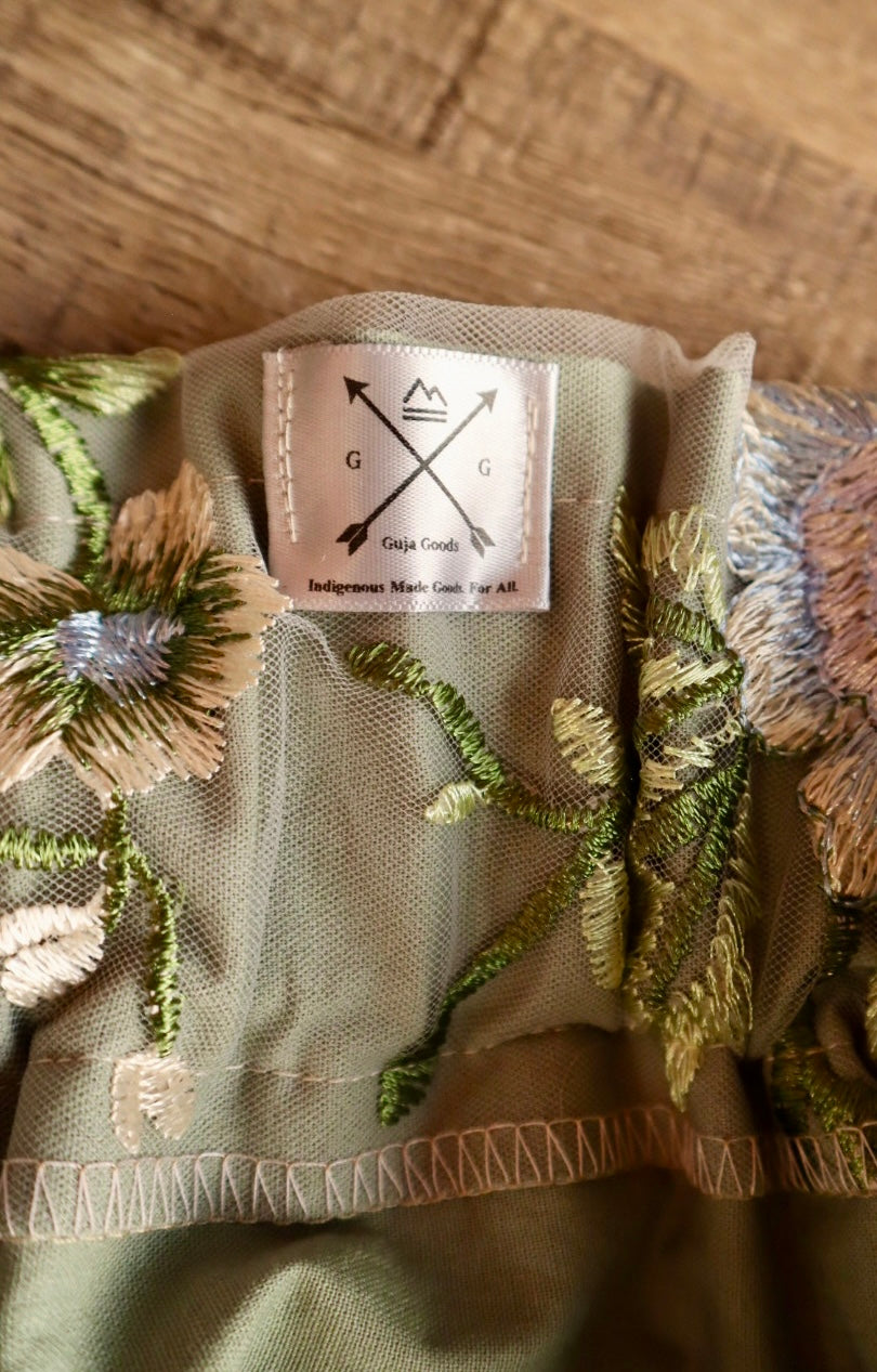 Couture Stacked Ribbon Skirt Pockets Womens Sage Green Floral Lace Blue Pink Tone Ombre RicRac Cotton OOAK Indigenous HandMade *up to 50 inches* (enter desired sizes waist size “inches” or Dress/Pants size in order notes)