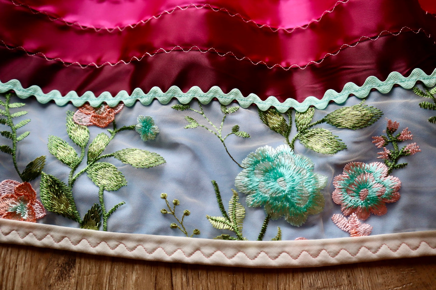 Couture Stacked Ribbon Skirt Pockets Womens Floral Lace Turquoise Pink Tone Ombre RicRac Cotton OOAK Indigenous HandMade *up to 50 inches* (enter desired sizes waist size “inches” or Dress/Pants size in order notes)