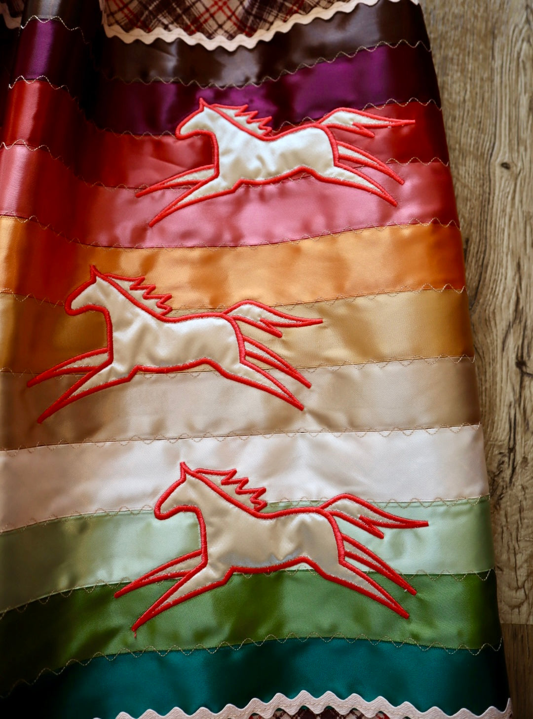 Couture Embroidered Stacked Pony Ribbon Skirt Pockets Womens Brown Plaid Cotton Earth Tones Ombre OOAK Indigenous HandMade *up to 50 inches* (enter desired sizes waist size “inches” or Dress/Pants size in order notes)