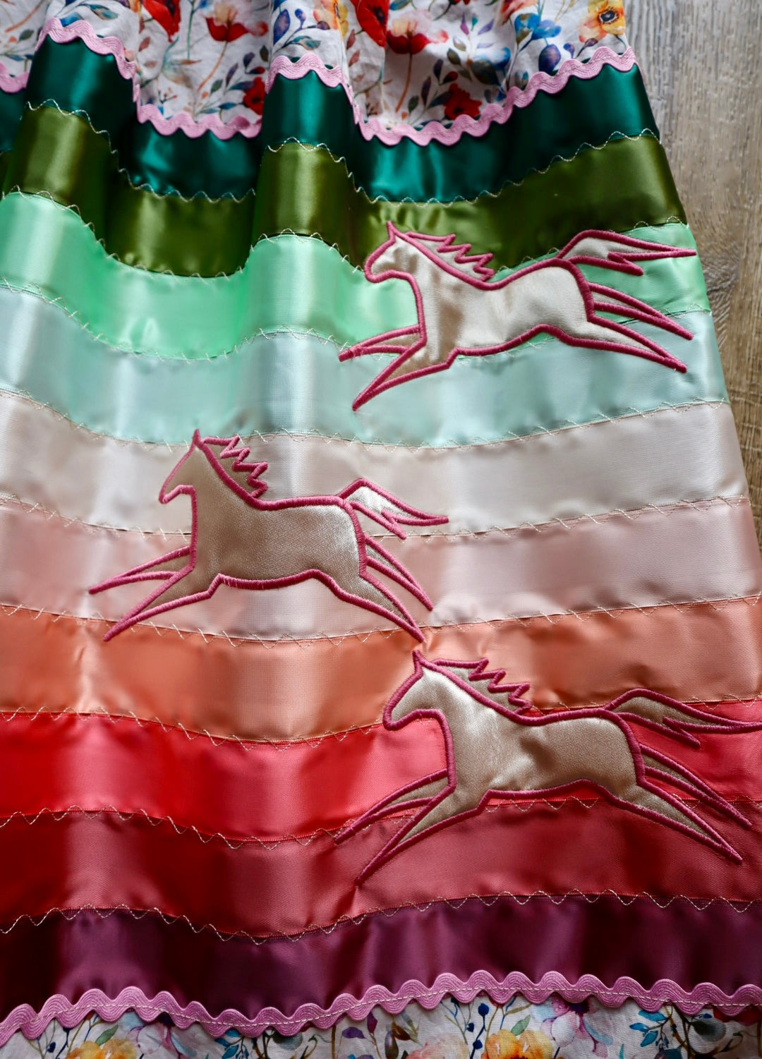 Couture Embroidered Stacked Pony Ribbon Skirt Pockets Womens Ivory Floral Cotton Green to Red Ombre OOAK Indigenous HandMade *up to 50 inches* (enter desired sizes waist size “inches” or Dress/Pants size in order notes)