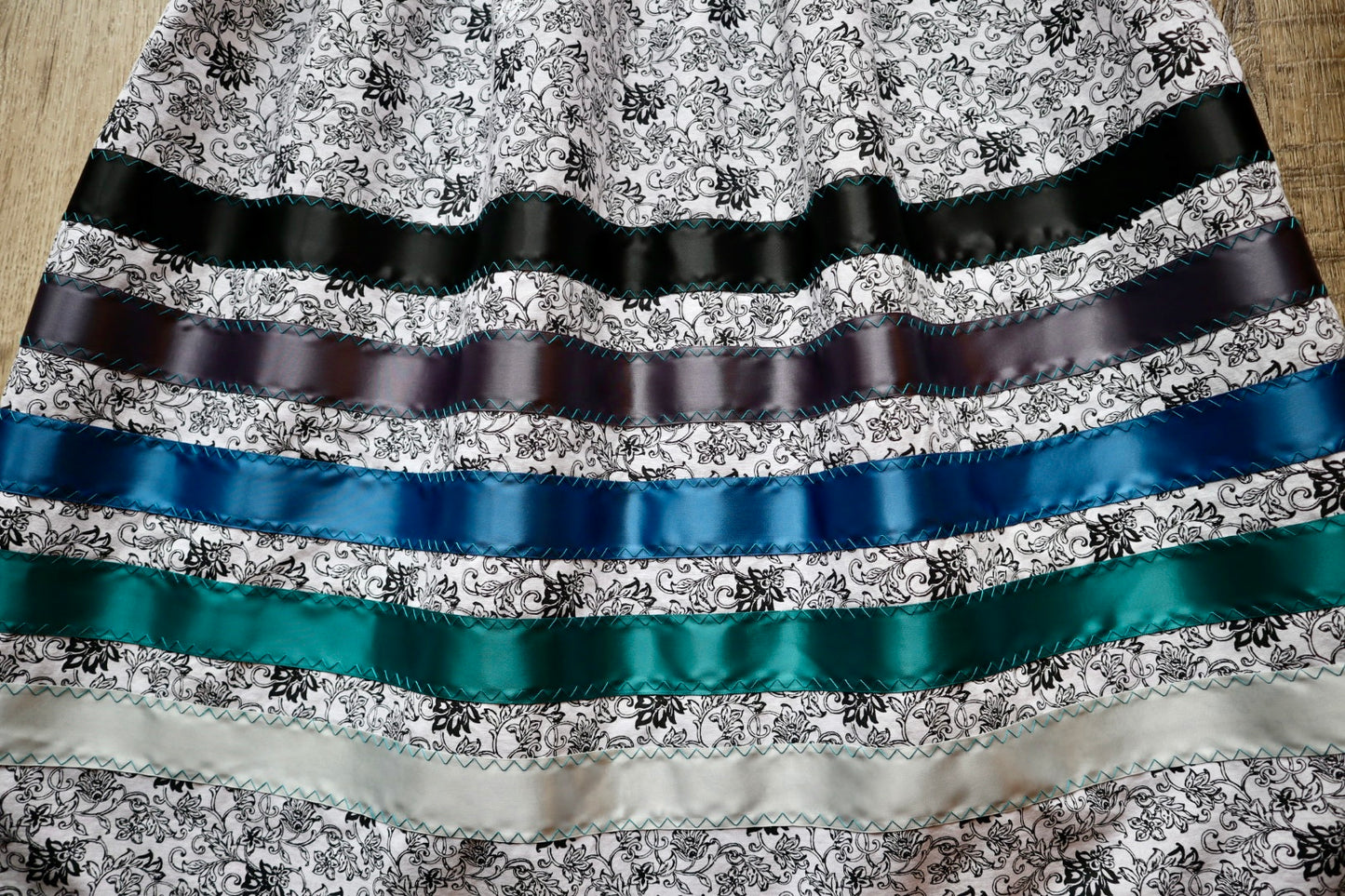 Handmade Ceremony, Casual Ribbon Skirt: Turquoise Tones, Black and White Floral Print, Custom Waist *up to 50 inches* (enter desired sizes waist size “inches” or Dress/Pants size in order notes)