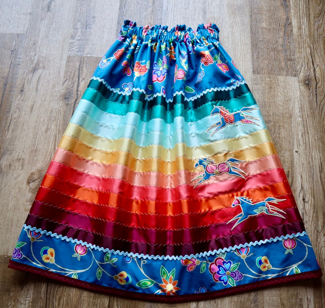 Couture Embroidered Stacked Pony Ribbon Skirt Pockets Womens Blue Indigenous Floral Cotton Fire Water Ombre OOAK Indigenous HandMade *up to 50 inches* (enter desired sizes waist size “inches” or Dress/Pants size in order notes)