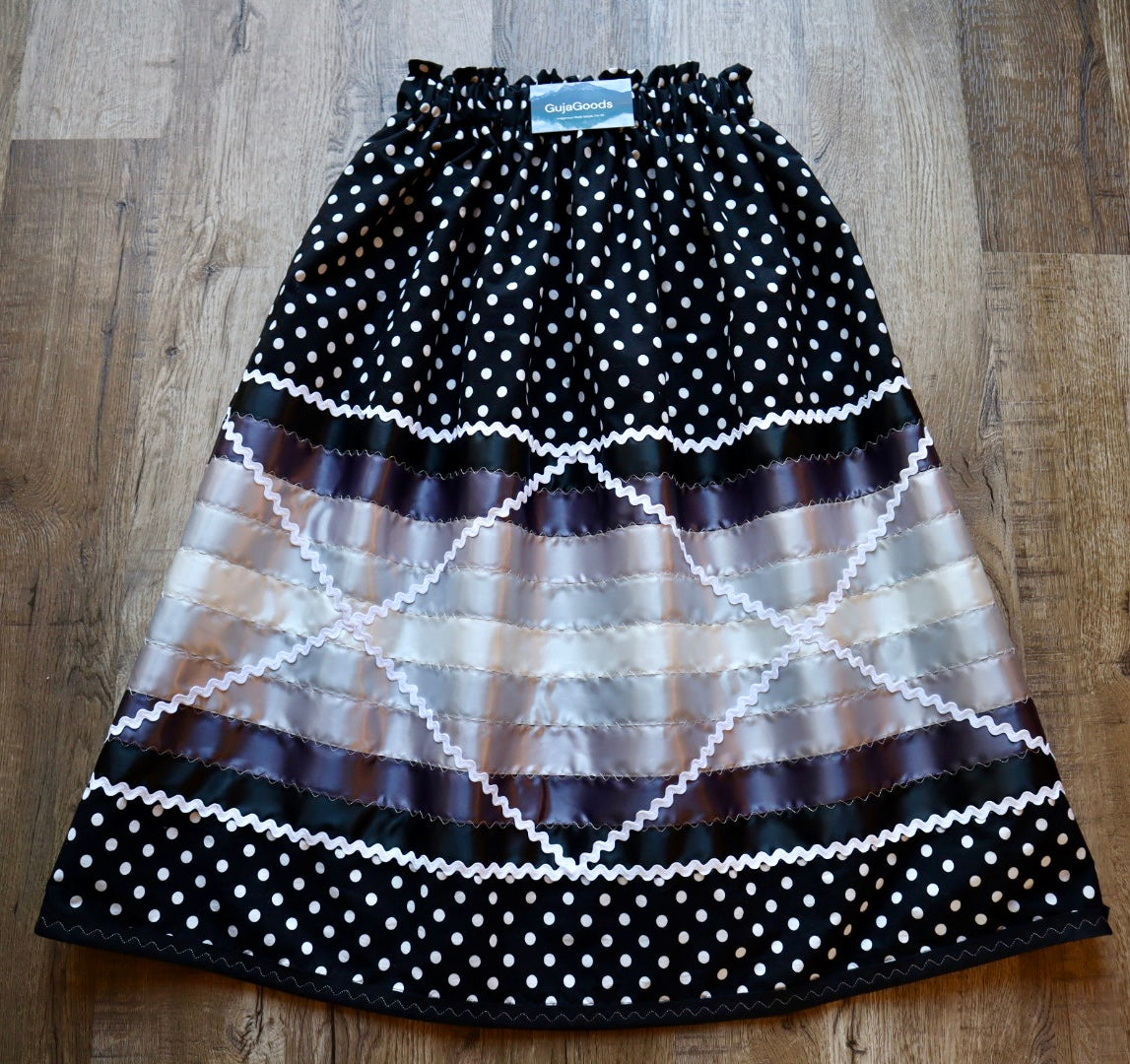 Couture Stacked Ribbon Skirt:  Black Polka Dot Cotton with Ric Rac *up to 50 inches* (enter desired sizes waist size “inches” or Dress/Pants size in order notes)