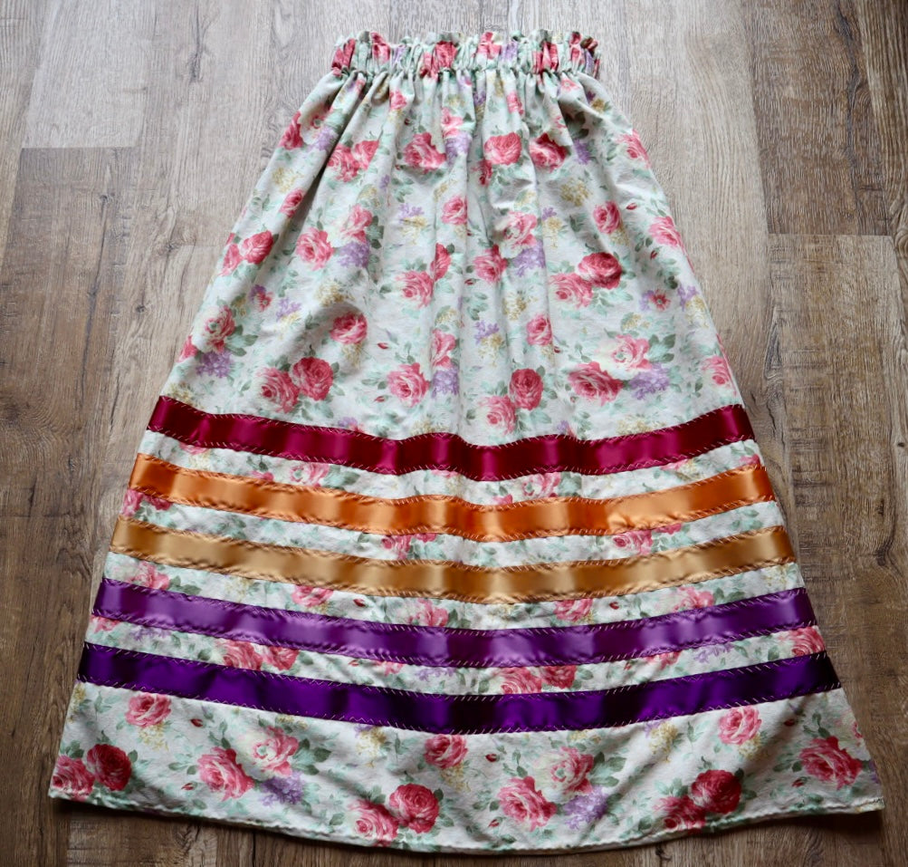 Handmade Ceremony, Casual Ribbon Skirt: Amethyst to Maroon Ombre, Cream Rose Floral Print, Custom Waist *up to 50 inches* (enter desired sizes waist size “inches” or Dress/Pants size in order notes)