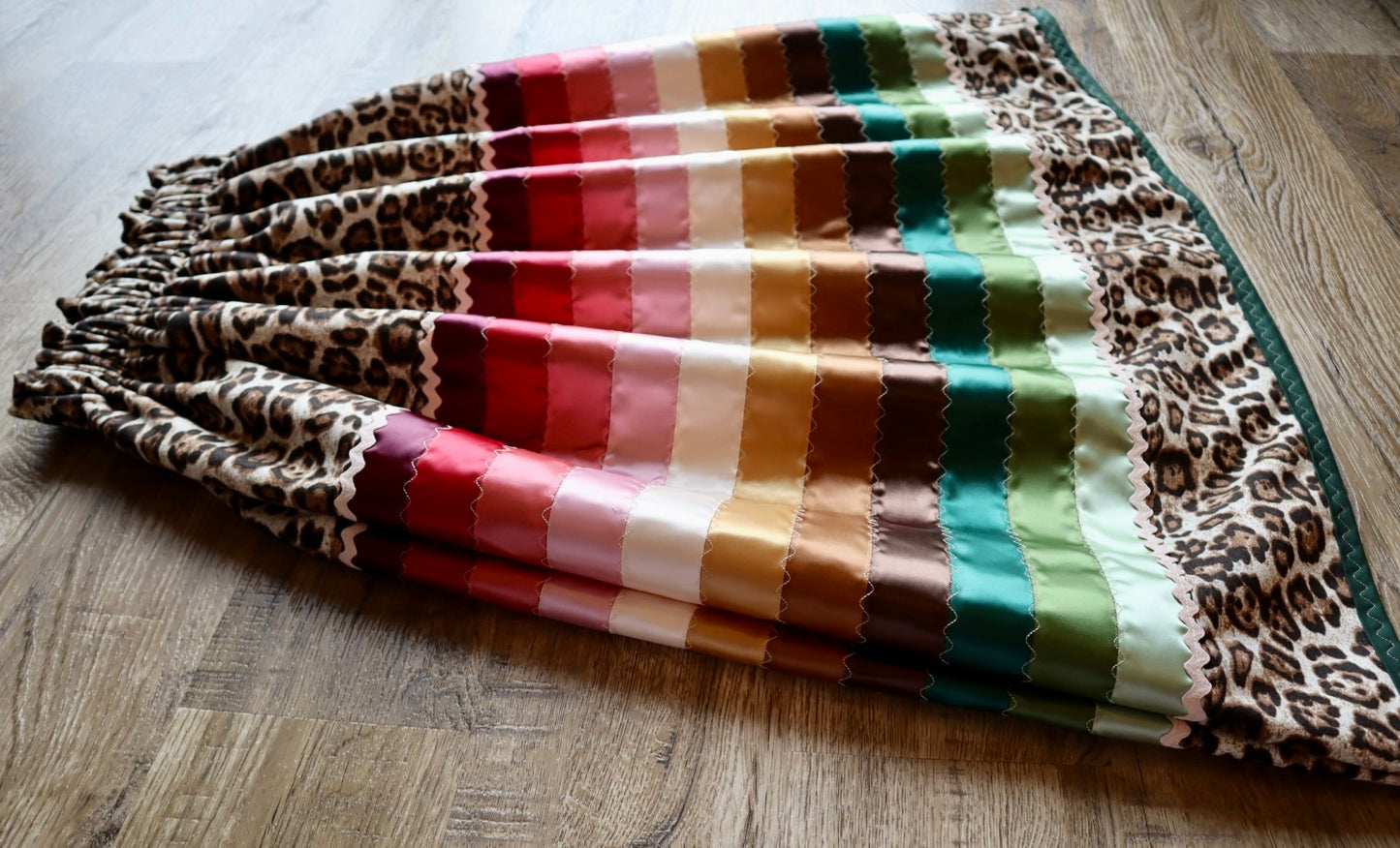 Couture Stacked Ribbon Skirt Pockets Detachable Bows Womens Cheetah Print Earth Tone Ombre RicRac Premium Cotton OOAK Indigenous HandMade *up to 50 inches* (enter desired sizes waist size “inches” or Dress/Pants size in order notes)