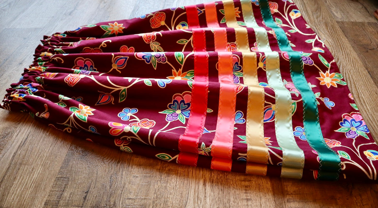 Handmade Ceremony, Casual Ribbon Skirt: Earth Tones, Maroon  Indigenous Floral Print, Custom Waist *up to 50 inches* (enter desired sizes waist size “inches” or Dress/Pants size in order notes)