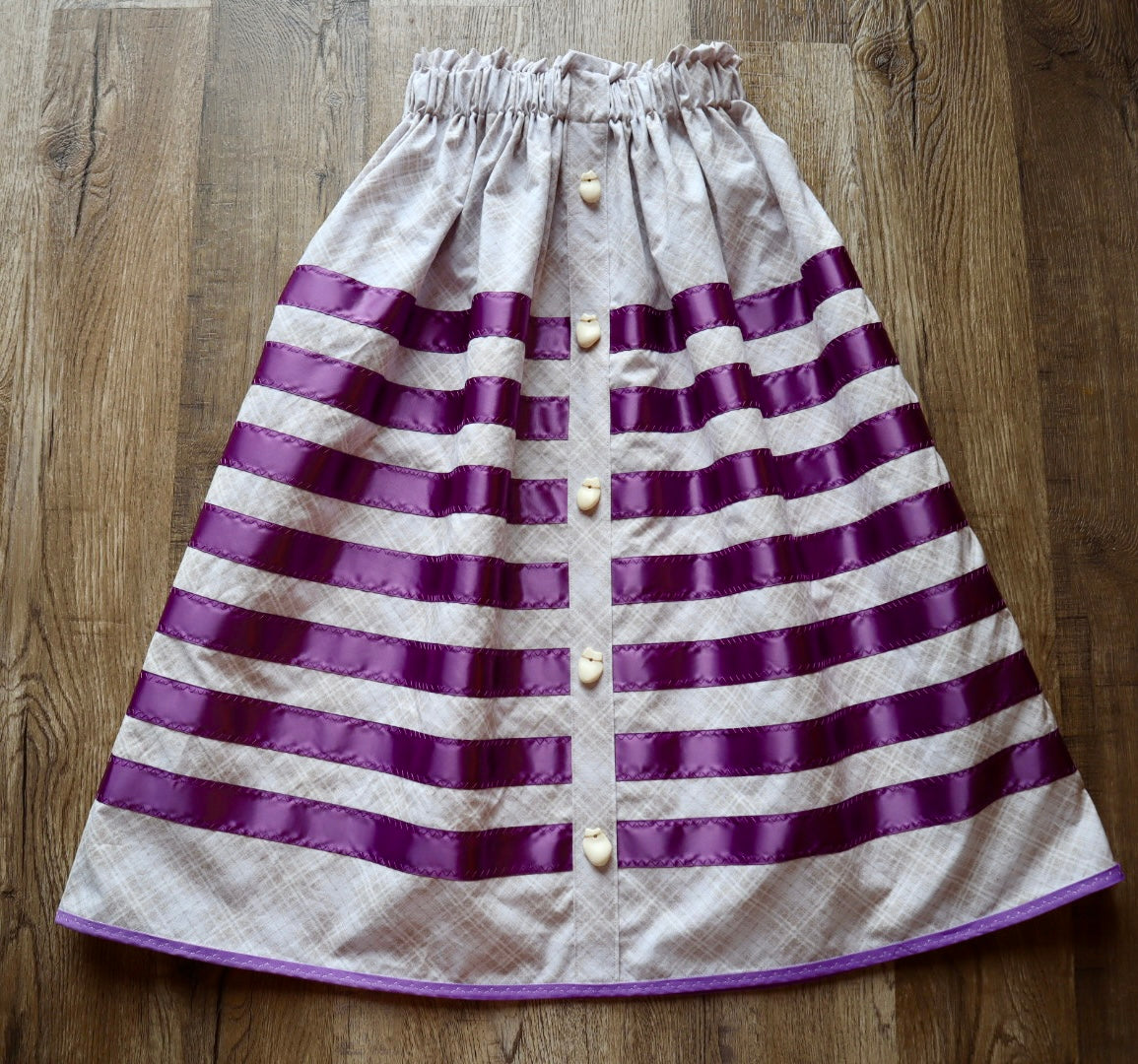 Couture Ribbon Skirt:  Ivory Plaid Cotton with Faux Elk Teeth “Buttons”*up to 50 inches* (enter desired waist size “inches” or Dress/Pants size in order notes)