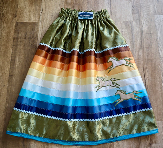 Couture Embroidered Stacked Pony Ribbon Skirt Pockets Womens Mossy Green Satin Blue to Gold Ombre OOAK Indigenous HandMade *up to 50 inches* (enter desired sizes waist size “inches” or Dress/Pants size in order notes)