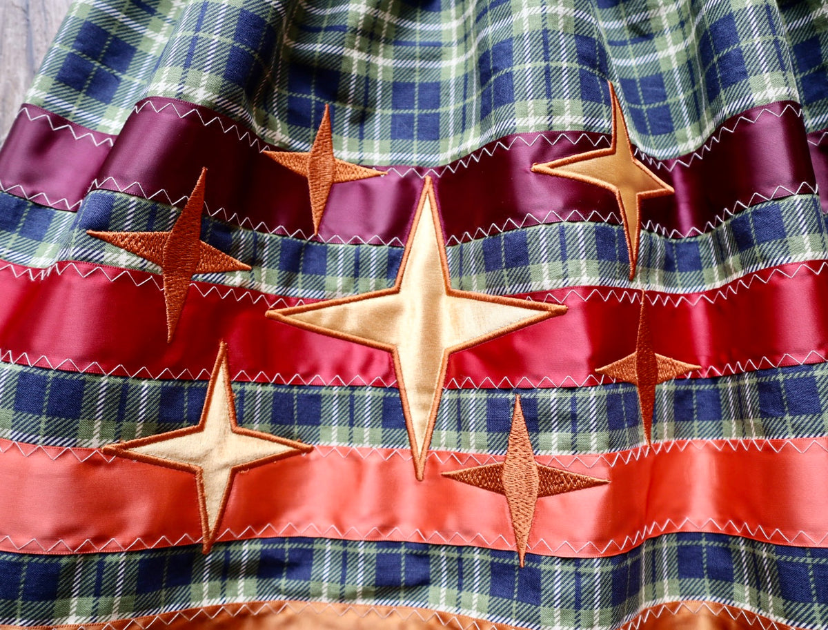 Couture Embroidered Star & Bears Ribbon Skirt Pockets Womens Dusty Rose Floral Cotton Bronze Tones Ombre OOAK Indigenous HandMade *up to 50-53 inches* (enter desired sizes waist size “inches” or Dress/Pants size in order notes)