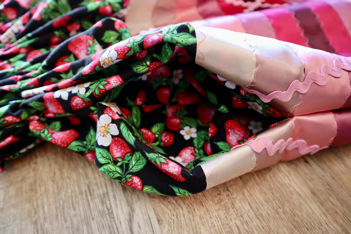 Couture Stacked Ribbon Pocket Womens RicRac Black Strawberry Floral Print Premium Cotton Cream Ombre OOAK Indigenous HandMade CustomWaist *up to 50 inches* (enter desired sizes waist size “inches” or Dress/Pants size in order notes)