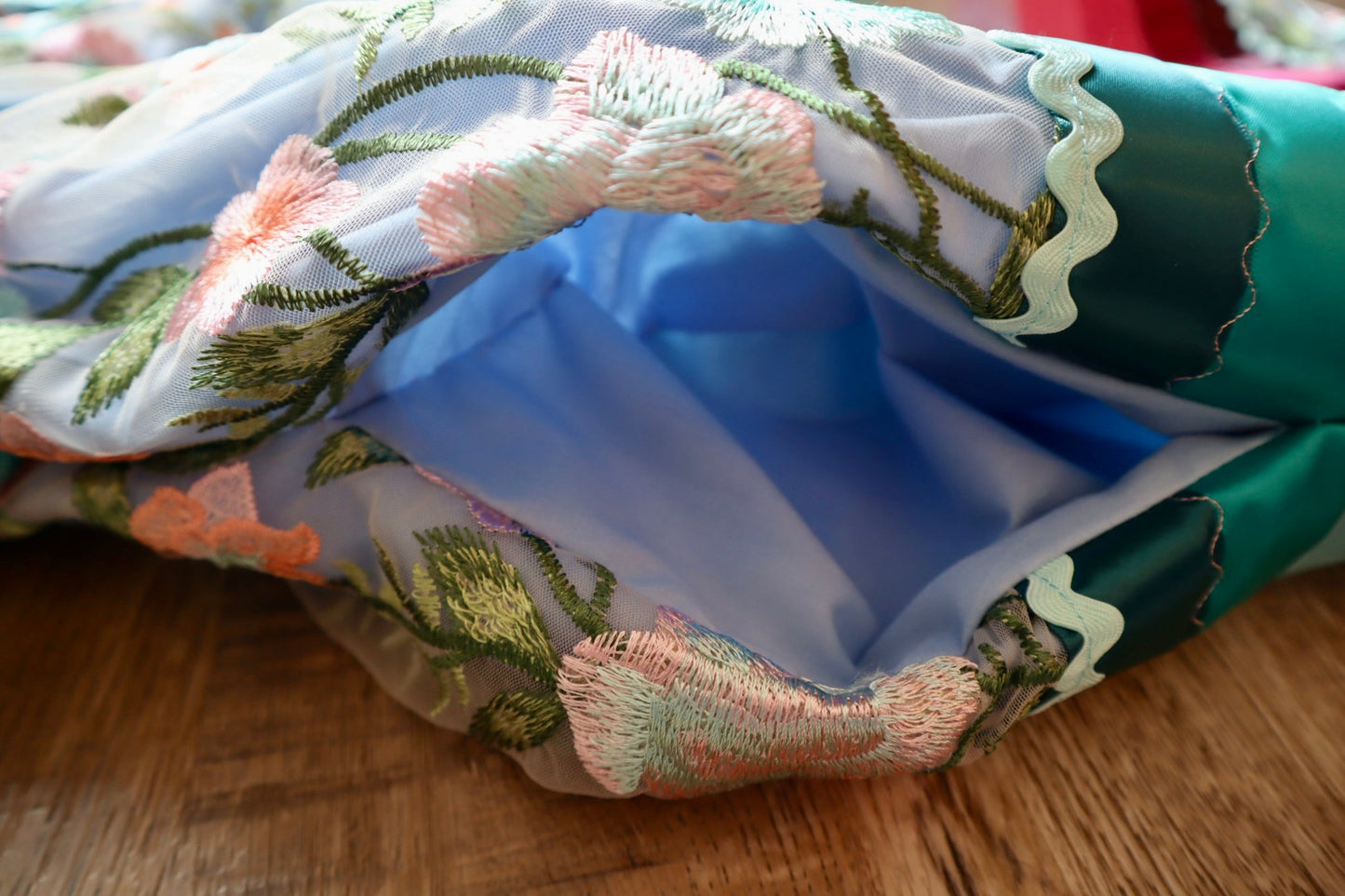 Couture Stacked Ribbon Skirt Pockets Womens Floral Lace Turquoise Pink Tone Ombre RicRac Cotton OOAK Indigenous HandMade *up to 50 inches* (enter desired sizes waist size “inches” or Dress/Pants size in order notes)