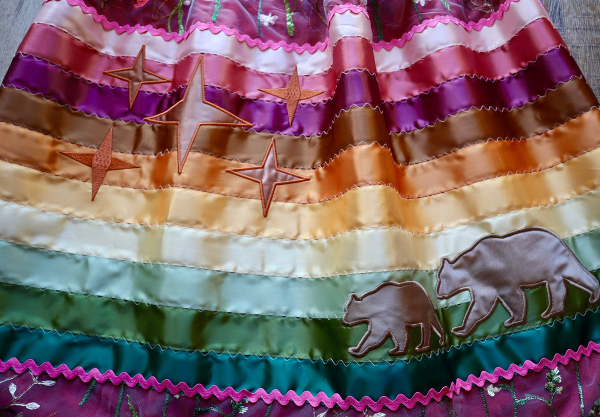 Couture Embroidered Stacked Stars, Mama Bear and Cub Ribbon Skirt Pockets Womens Ivory Lace Earthy Ombre OOAK Indigenous HandMade *up to 50 inches* (enter desired sizes waist size “inches” or Dress/Pants size in order notes)