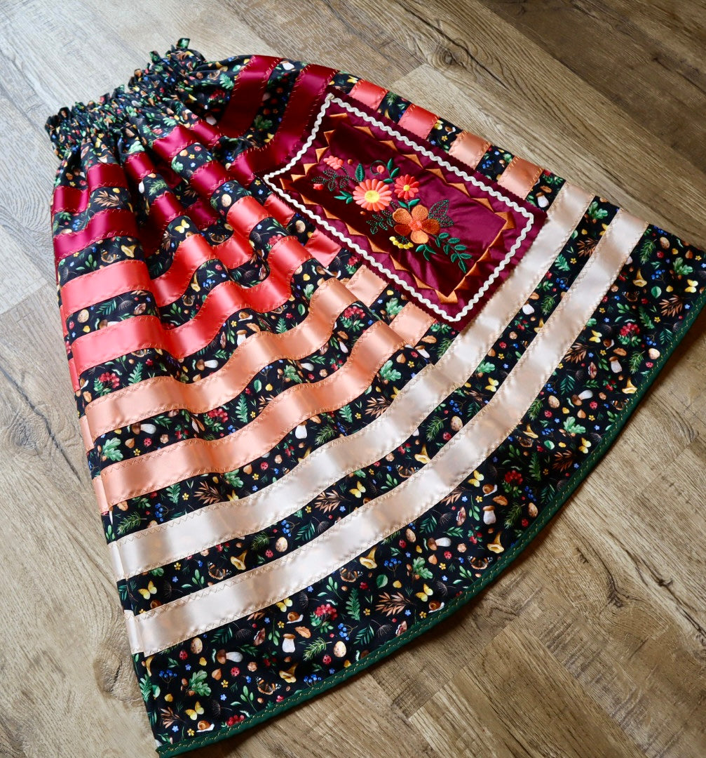 Couture Embroidered Ribbon Skirt Pockets Women’s Black Woods Floral Peach Ombre Premium Cotton OOAK Indigenous HandMade Clothing CustomWaist *up to 50 inches* (enter desired waist size “inches” or Dress/Pants size in order notes)