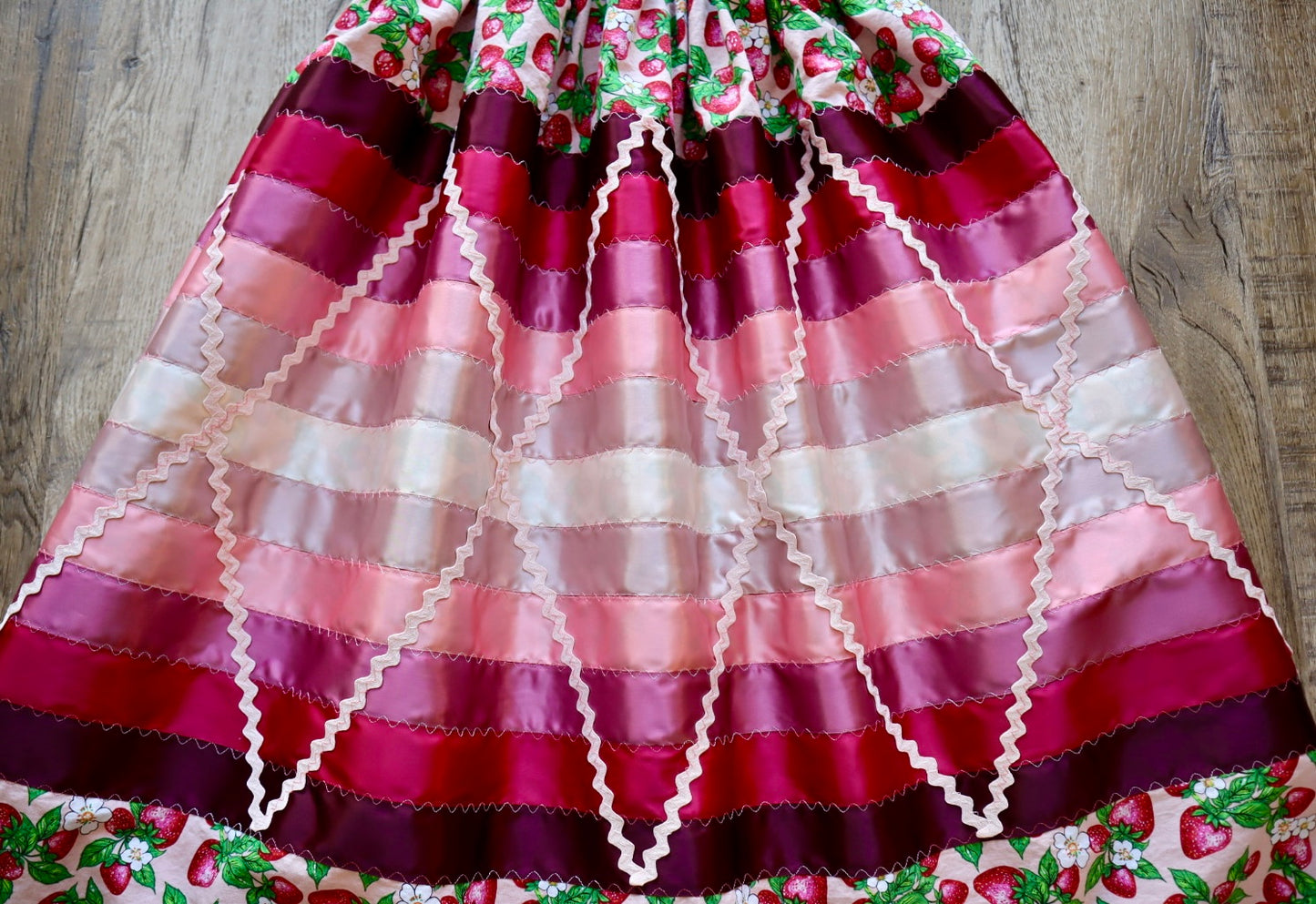 Couture Stacked Ribbon Pocket Womens RicRac Pink Strawberry Floral Print Premium Cotton Maroon Ombre OOAK Indigenous HandMade CustomWaist *up to 50 inches* (enter desired sizes waist size “inches” or Dress/Pants size in order notes)