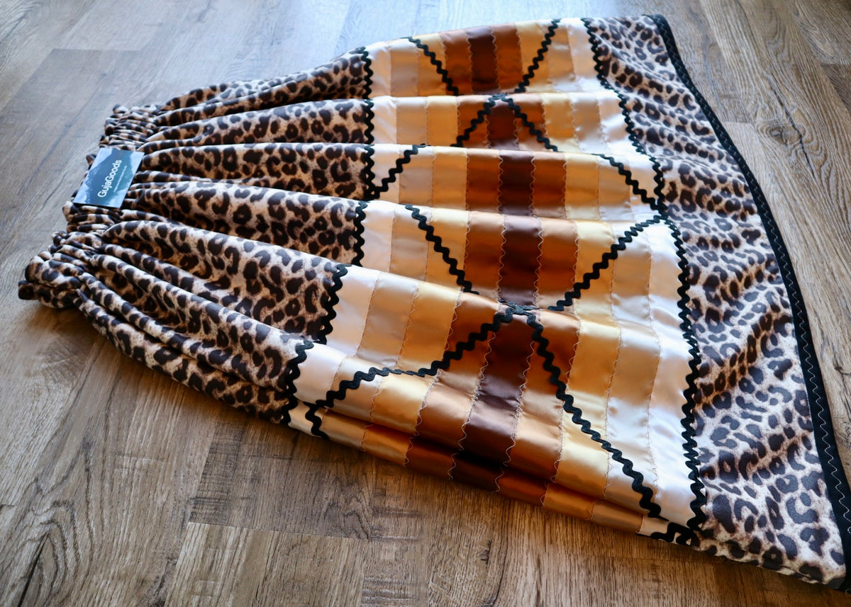 Couture Stacked Ribbon Skirt Pockets Womens Leopard Print White Gold Ombre Ric Rac OOAK Indigenous HandMade *up to 50 inches* (enter desired sizes waist size “inches” or Dress/Pants size in order notes)