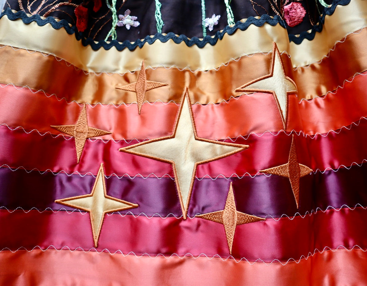 Couture Embroidered Stacked Stars & Bison Ribbon Skirt Pockets Womens Black Lace Gold Ombre OOAK Indigenous HandMade *up to 50 inches* (enter desired sizes waist size “inches” or Dress/Pants size in order notes)