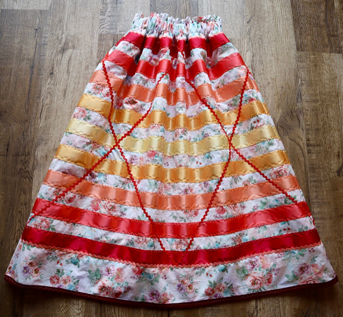 Couture Ribbon Pockets Womens Ruby Ombre Zigzag RicRac Ivory Floral Print Premium Cotton OOAK Indigenous HandMade Clothing CustomWaist *up to 50 inches* (enter desired waist size “inches” or Dress/Pants size in order notes)