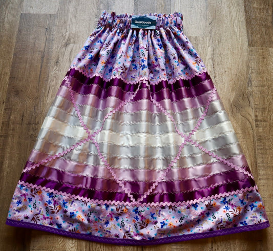 Couture Stacked Ribbon Skirt Pockets Womens Purple Floral Print Silver Ombre Ric Rac OOAK Indigenous HandMade *up to 50 inches* (enter desired sizes waist size “inches” or Dress/Pants size in order notes)