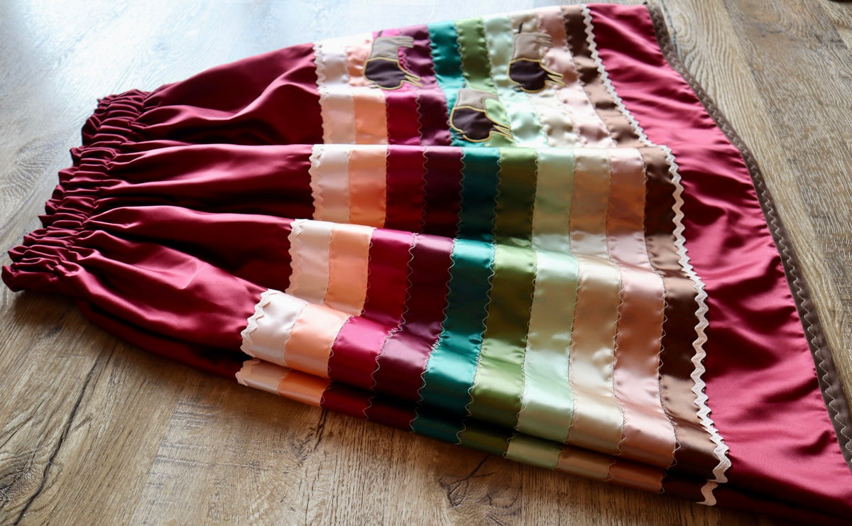 Couture Embroidered Stacked Bison Ribbon Skirt Pockets Womens Maroon Satin Earth Tones Ombre OOAK Indigenous HandMade *up to 50 inches* (enter desired sizes waist size “inches” or Dress/Pants size in order notes)