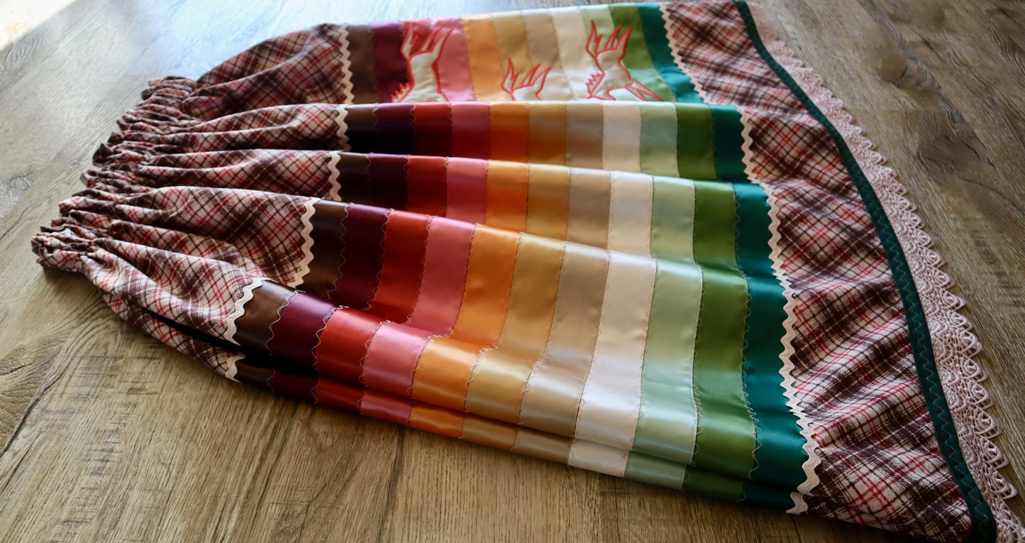 Couture Embroidered Stacked Pony Ribbon Skirt Pockets Womens Brown Plaid Cotton Earth Tones Ombre OOAK Indigenous HandMade *up to 50 inches* (enter desired sizes waist size “inches” or Dress/Pants size in order notes)