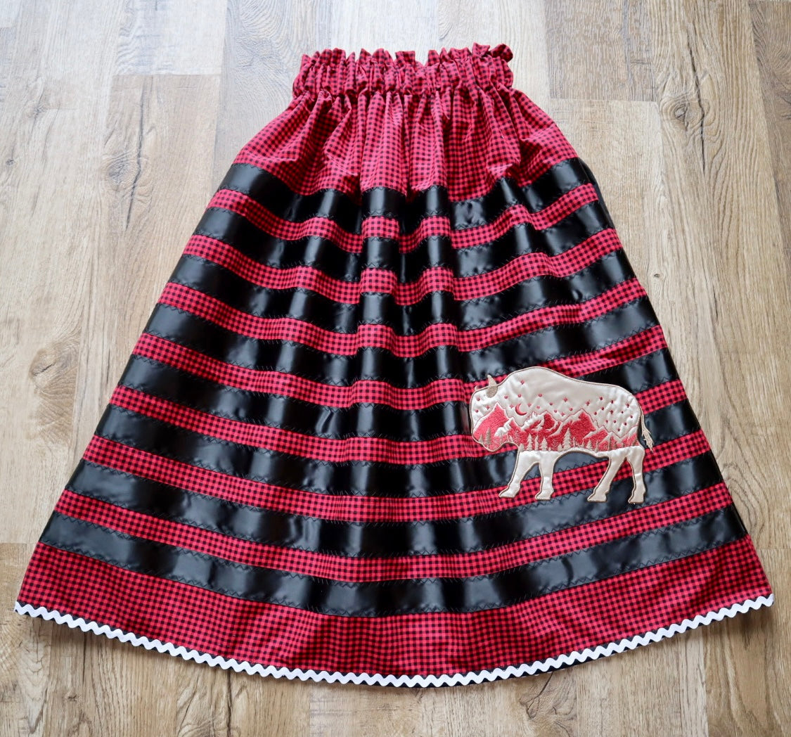 Couture Embroidered Bison Ribbon Skirt Pockets Womens Red Black Gingham Premium Cotton OOAK Indigenous HandMade *up to 50 inches* (enter desired sizes waist size “inches” or Dress/Pants size in order notes)