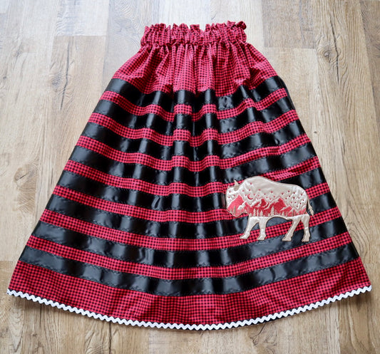 Couture Embroidered Bison Ribbon Skirt Pockets Womens Red Black Gingham Premium Cotton OOAK Indigenous HandMade *up to 50 inches* (enter desired sizes waist size “inches” or Dress/Pants size in order notes)