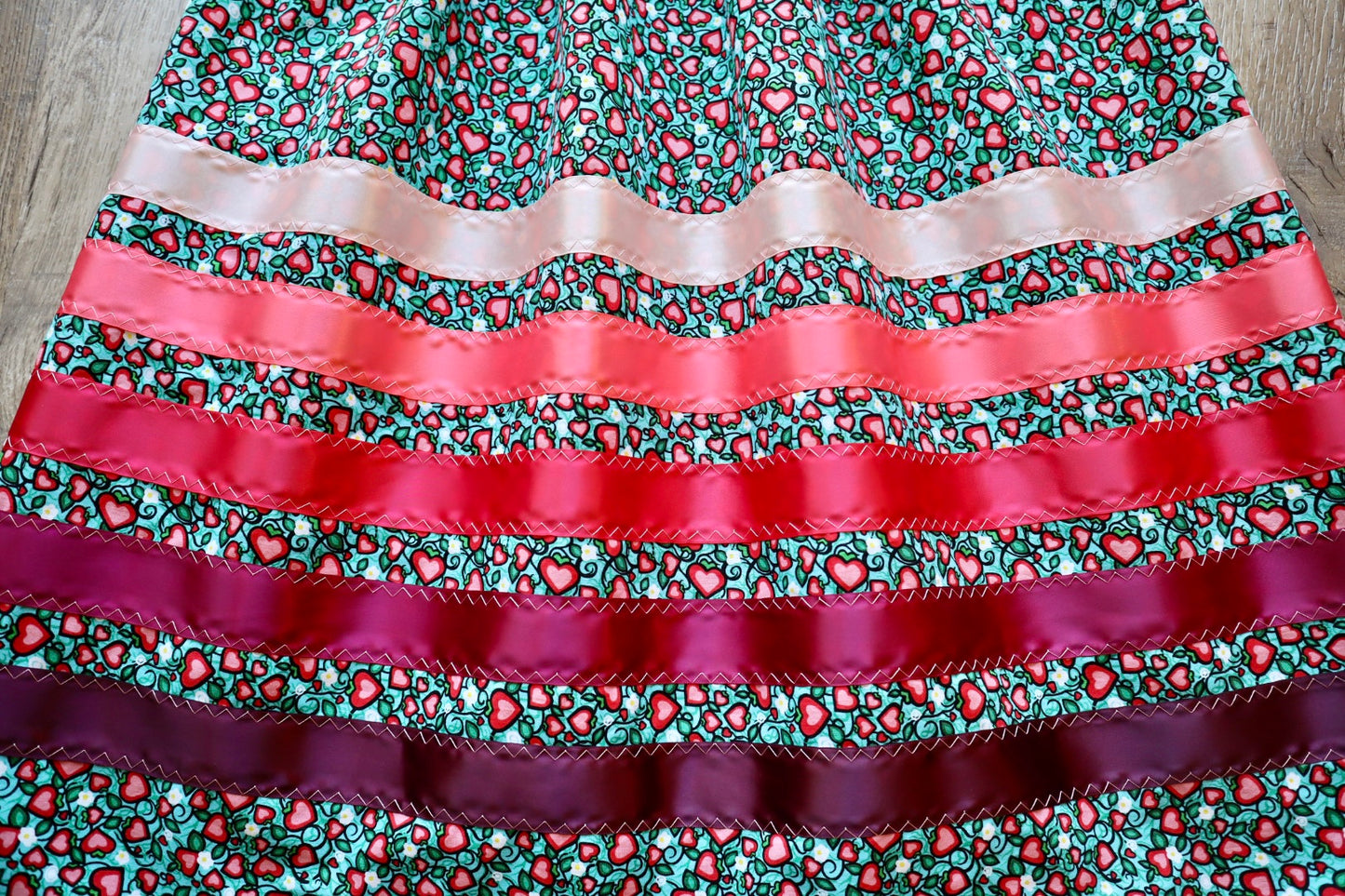 Handmade Ceremony, Casual Ribbon Skirt: Maroon to Ivory Ombre, Heart Berry Indigenous Floral Print, Custom Waist *up to 50 inches* (enter desired sizes waist size “inches” or Dress/Pants size in order notes)