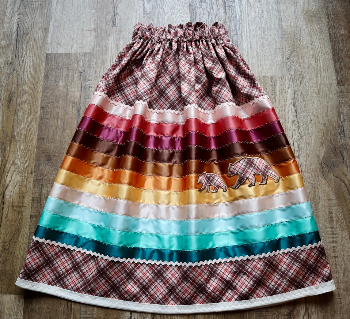 Couture Embroidered Stacked Mama Bear & Cub Ribbon Skirt Pockets Womens Maroon Satin Gold Ombre OOAK Indigenous HandMade *up to 50 inches* (enter desired sizes waist size “inches” or Dress/Pants size in order notes)