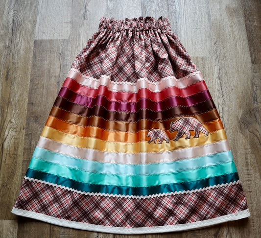 Couture Embroidered Stacked Mama Bear & Cub Ribbon Skirt Pockets Womens Maroon Satin Gold Ombre OOAK Indigenous HandMade *up to 50 inches* (enter desired sizes waist size “inches” or Dress/Pants size in order notes)