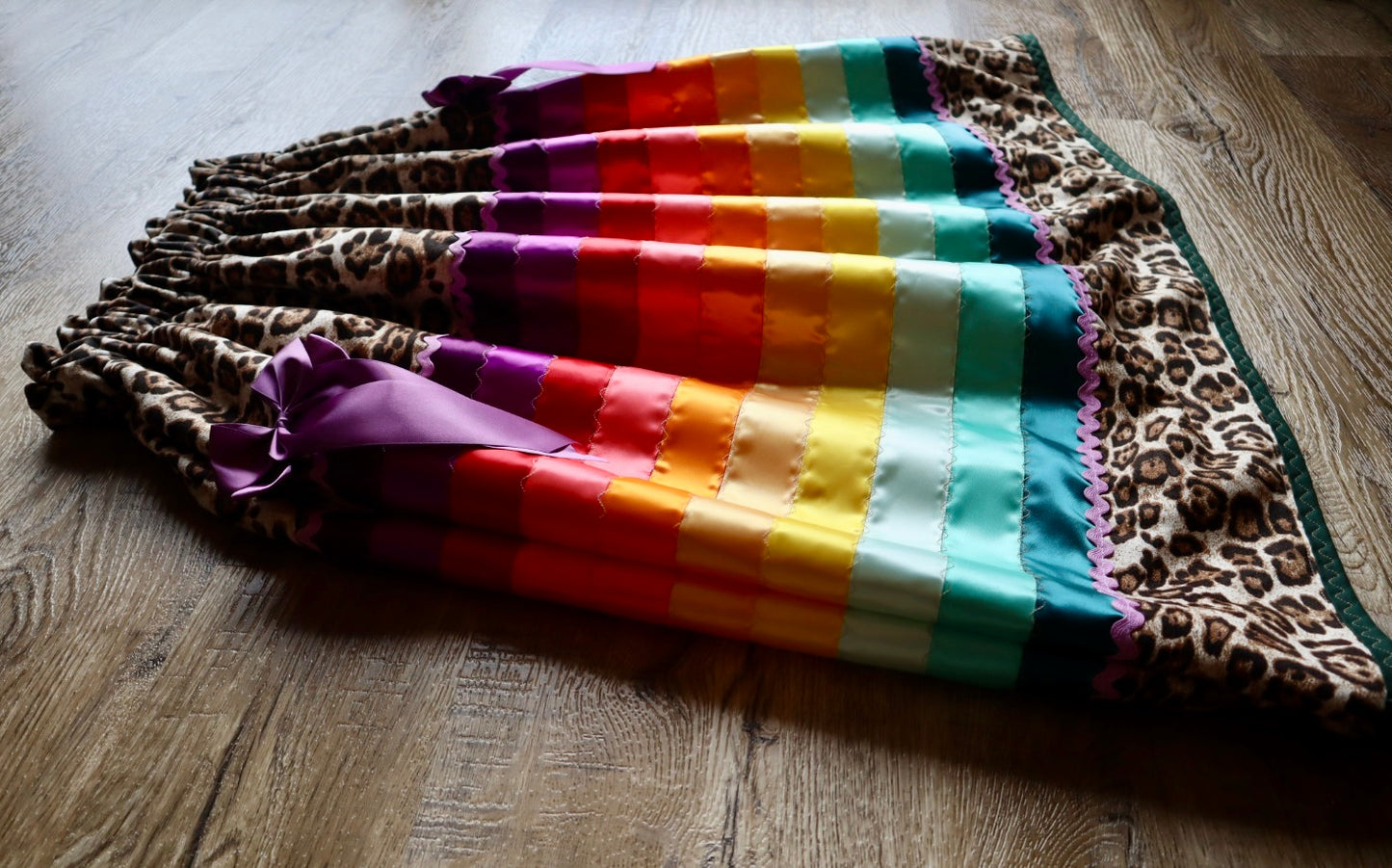 Couture Stacked Ribbon Skirt Pockets Detachable Bows Womens Jaguar Print Rainbow Ombre RicRac OOAK Indigenous HandMade *up to 50 inches* (enter desired sizes waist size “inches” or Dress/Pants size in order notes)