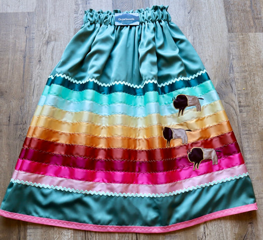 Couture Embroidered Stacked Bison Ribbon Skirt Pockets Womens Teal Satin Turquoise Pink Ombre OOAK Indigenous HandMade *up to 50 inches* (enter desired sizes waist size “inches” or Dress/Pants size in order notes)